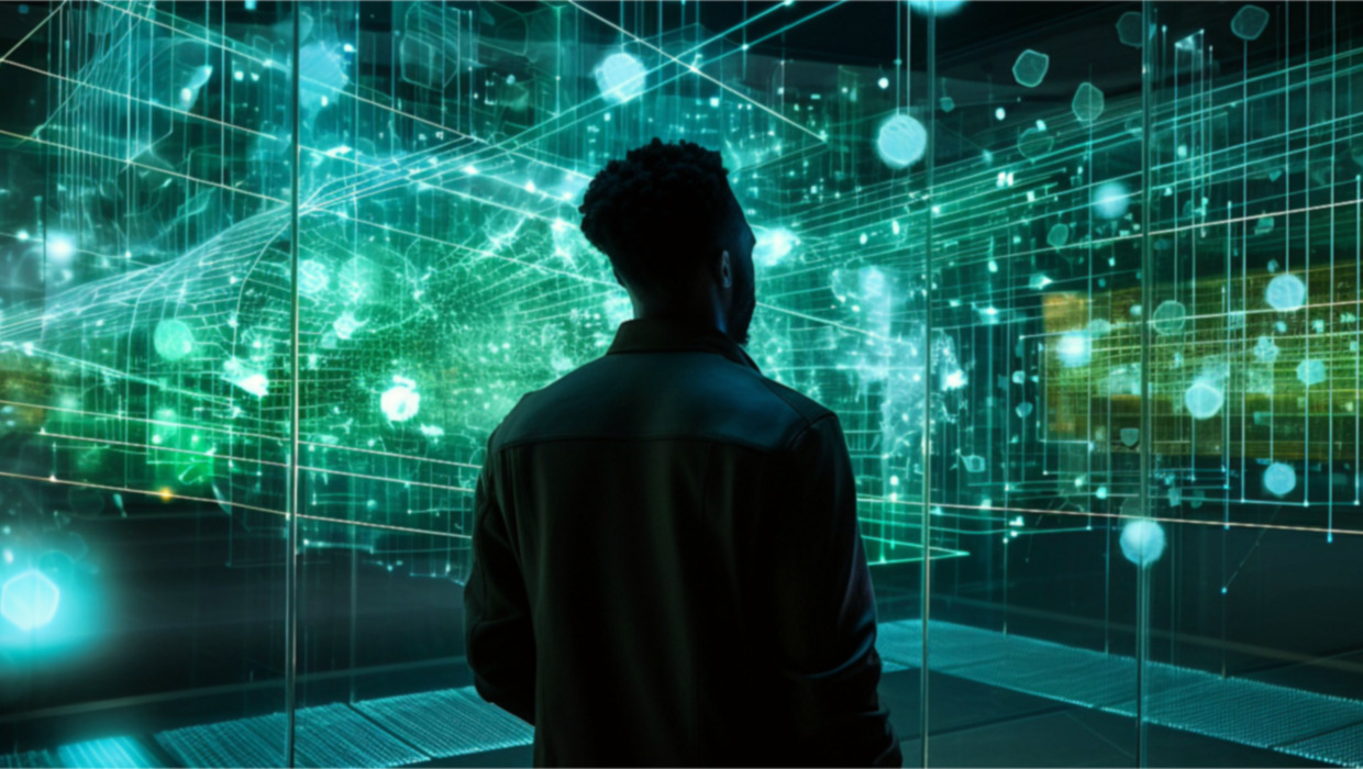 Abstract image of guy studying holographic projection