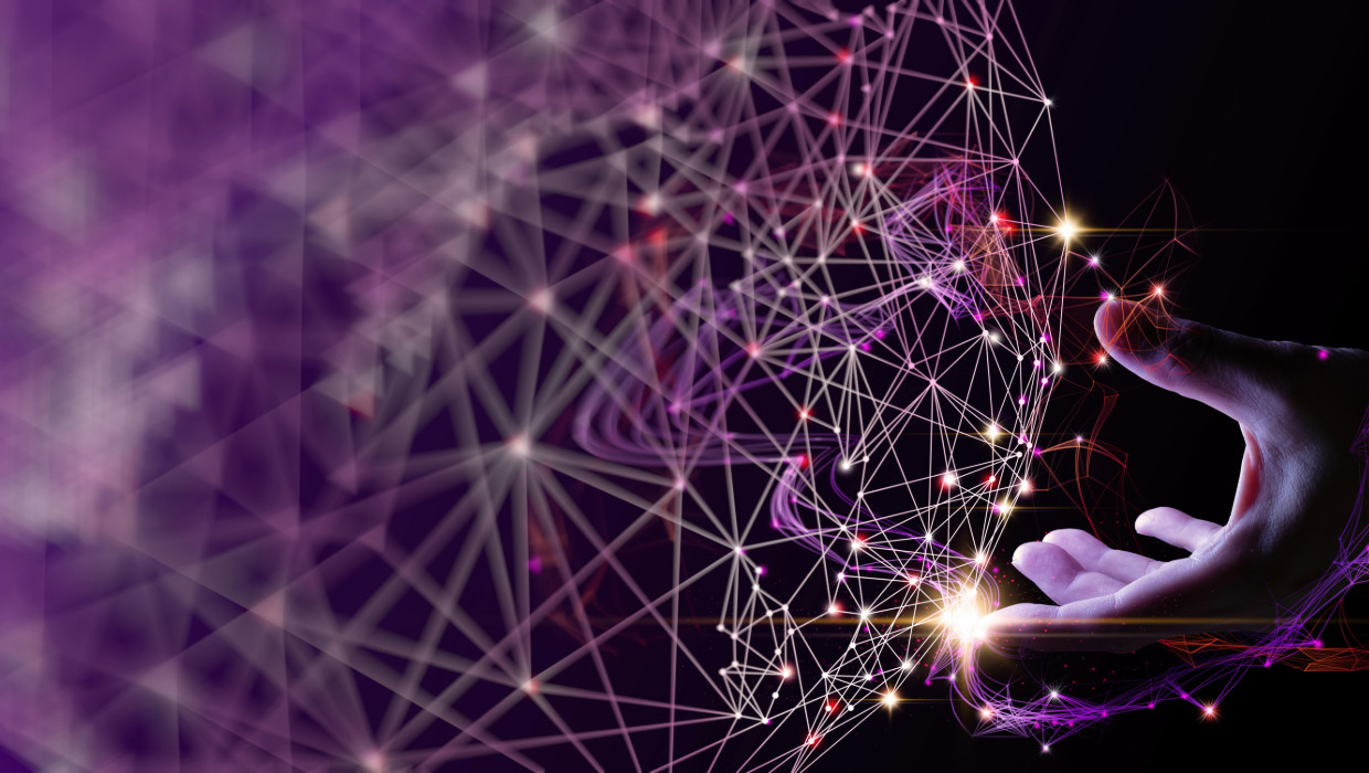 abstract image of hand connecting with graphical sphere